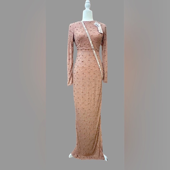 Oh Polly VIENNA Long Sleeve Embellished Backless Maxi Dress in Beige *RARE* - Picture 1 of 3